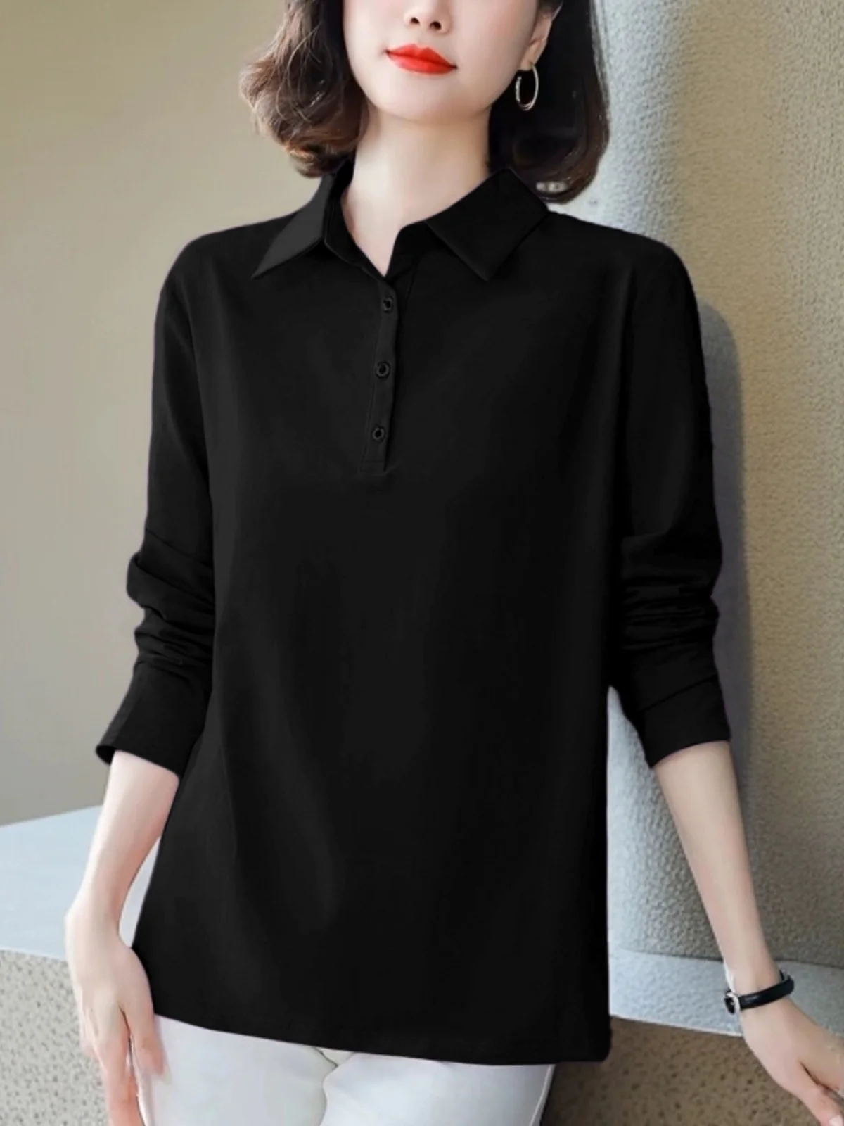 Женская футболка из чистого хлопка с лацканами и длинными рукавами осенняя