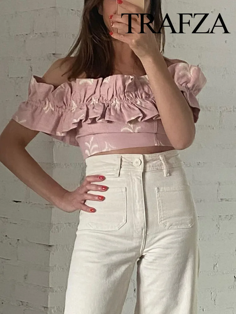 

TRAFZA Summer Female Sexy Crop Sleeveless Backless Zipper Chic Slim Tops Fashion Women's Pink Print Embroidery Wrinkle Mini Tops