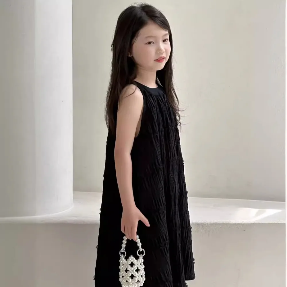 Платье для девочек корейский стиль Новинка лета 2024 однотонный черный топ с