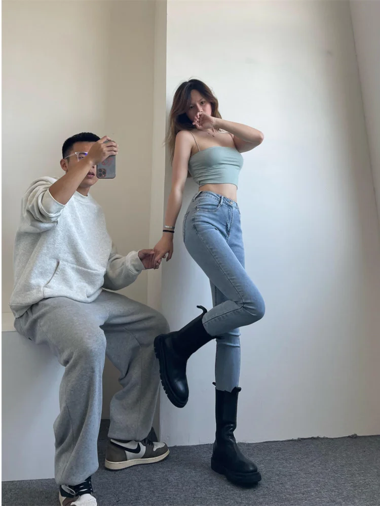 

European Style New High Sweet Elastic Tight Solid Color Denim Pencil Pants High Waist All-match Fashion Women's Clothing 49RP