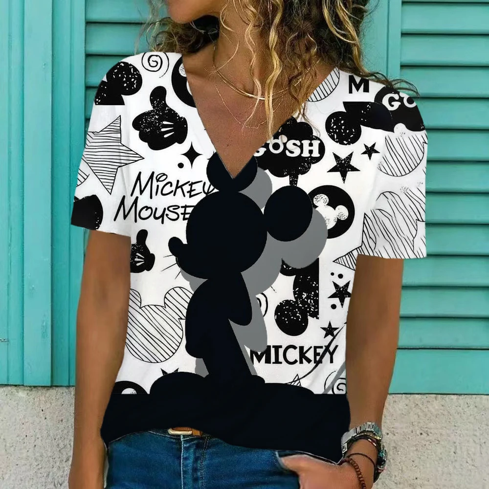 

2022 Summer T Shirt Ladies Sexy V Neck Short Sleeve Cartoon Casual Loose Disney Minnie Mouse Print T Shirt Boho Top
