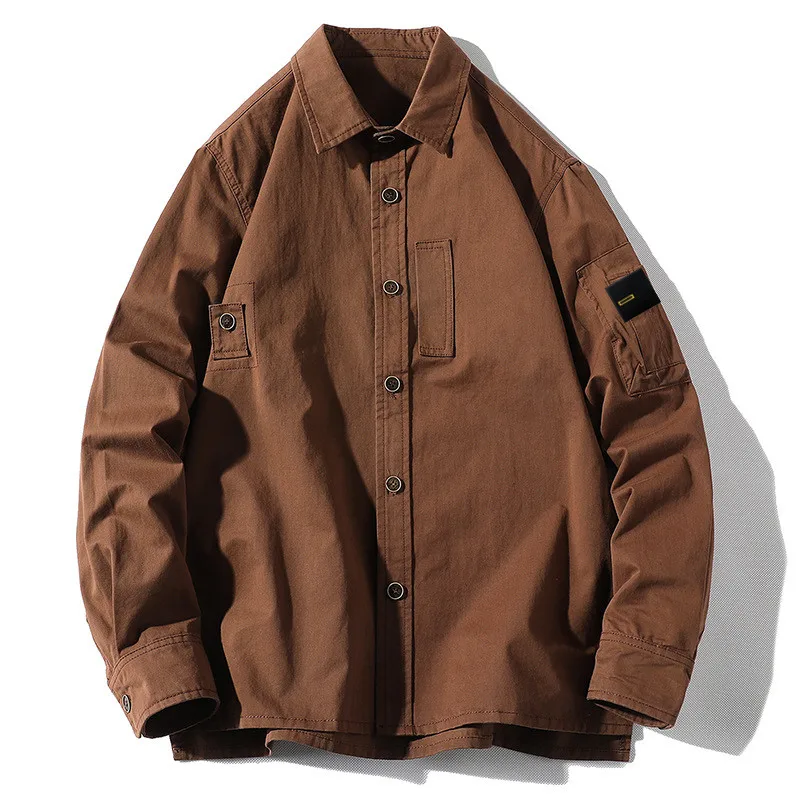 

Мужская свободная рубашка в стиле милитари с карманами для инструментов, мужская рубашка, куртка 22ss, новая классическая рубашка с компасом ...
