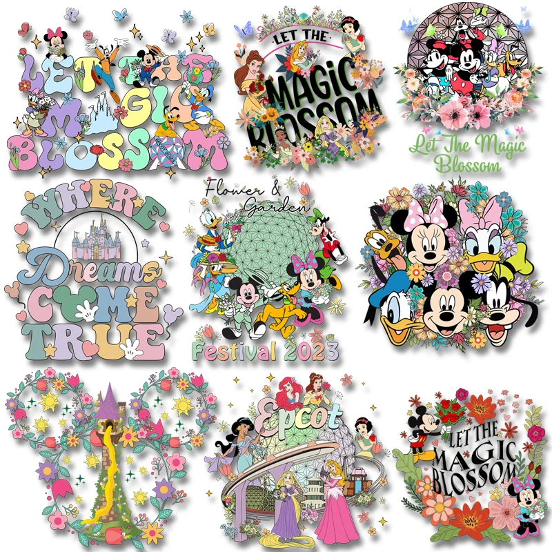 Spring Blossom Flowers Disney Epcot Princesses Iron On Transfer Patches for Clothing DIY T-shirt Washable Garment Accessories