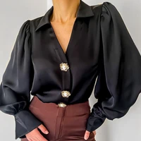 2022 summer satin womens shirt black solid single breasted lantern sleeve shirts female spring elegant fashion ladies clothes