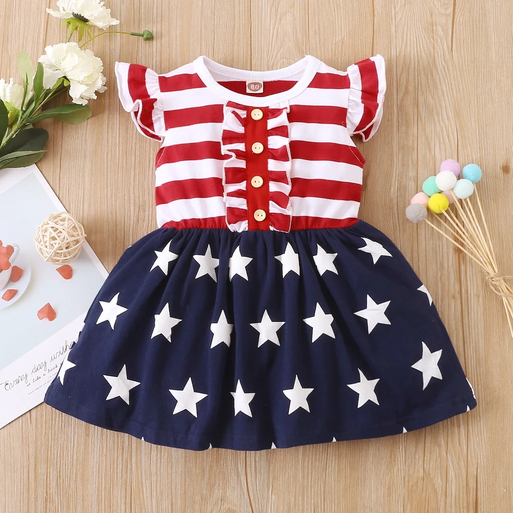 

1-5 Years Kids Toddler Baby Girl Summer Dress Striped Stars Fly Sleeve Casual Clothing Celebrating Lndependence Day Skirt