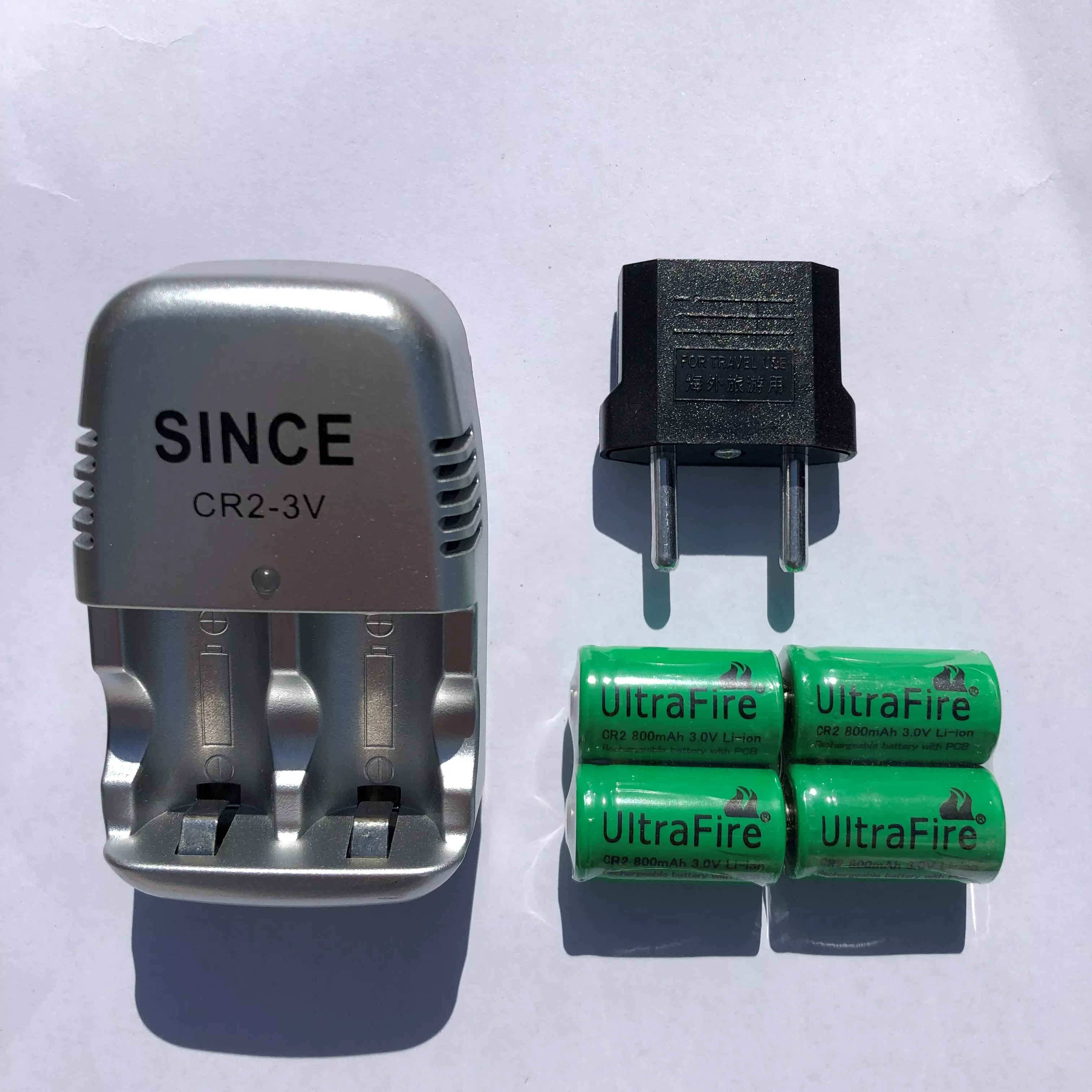 

4 pcs battery+charger;6pcs 3V CR2 800mAh rechargeable battery,2pcs digital camera made by special batteries; CR2 battery charger