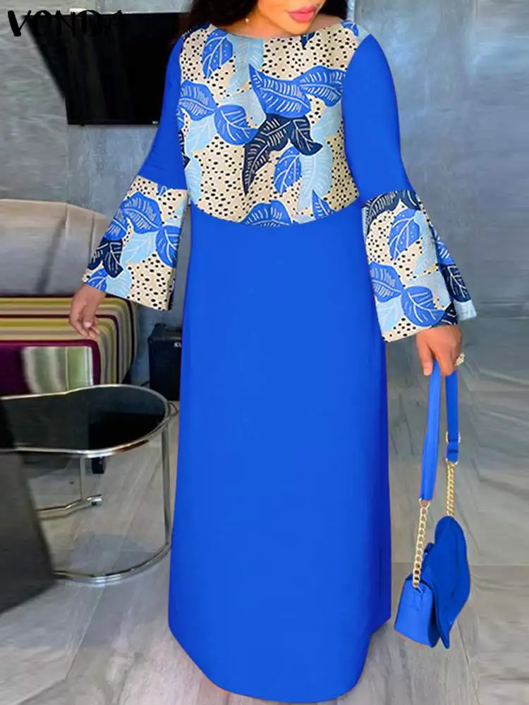 

Plus Size Women Maxi Dress Fashion Women Long Flare Sleeve Vintage Patchwork Printed Vestido Casual Baggy Party Robe Femme