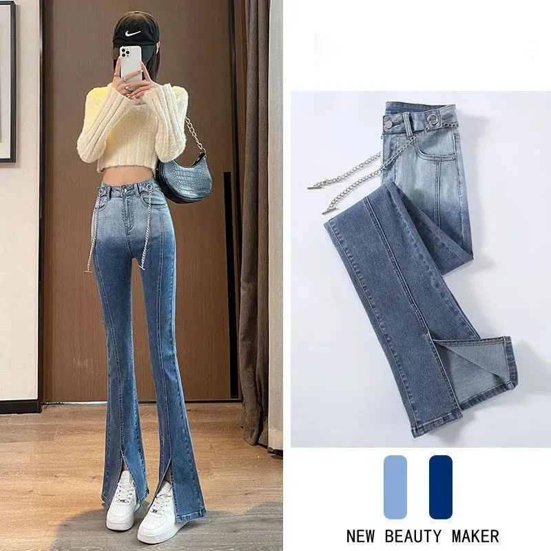High Waist Jeans Women'S Clothing 2023 Spring And Summer New Fashion Slim Design Sense Slit Micro Flared Pants Chain
