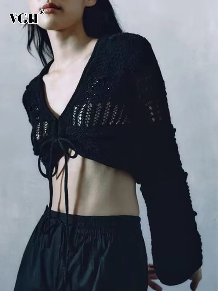 

VGH patchwork lace up knitting sweater for women v neck long sleeve hollow out soild casual cardiagn for women fashion clothing