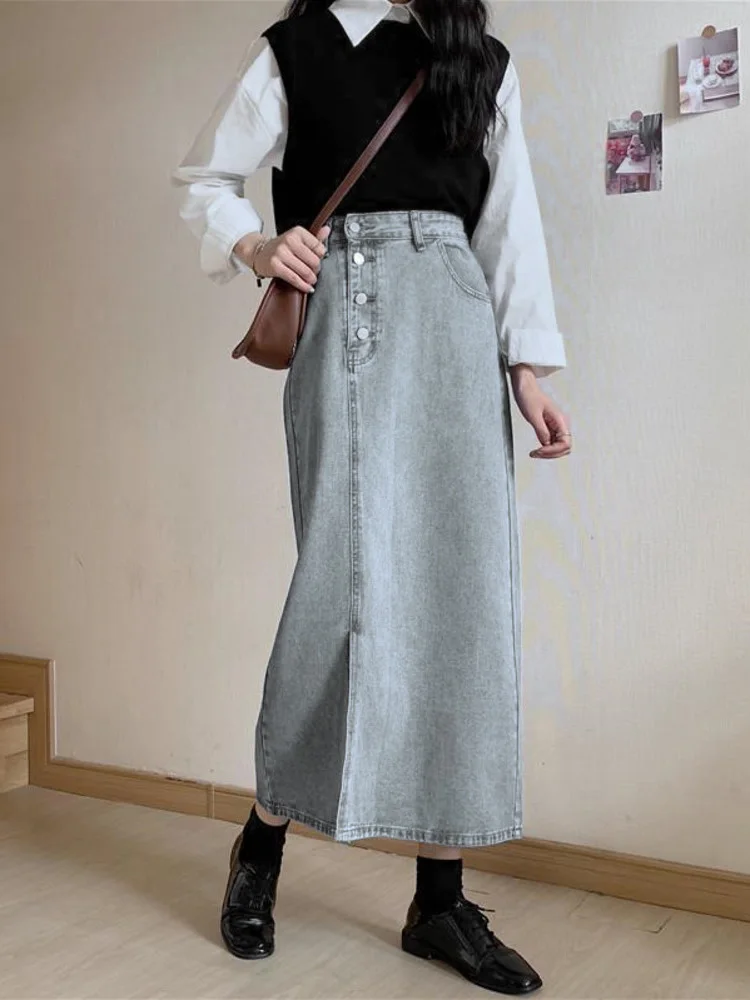 Womens Retro Jeans Skirt Chic Clothing Harajuku Streetwear Elegant A-Line Denim High Waist Long Skirt New Fashion images - 6