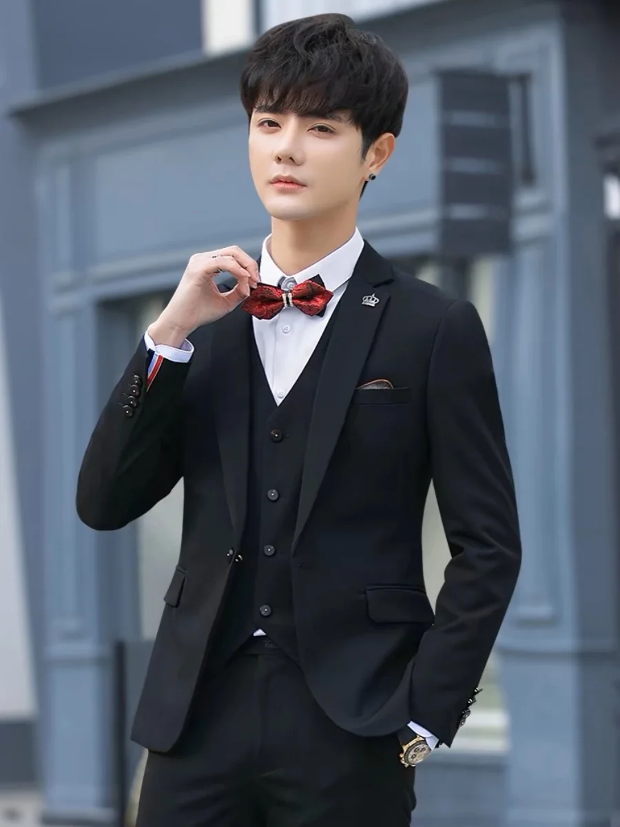 Outerwear Men's Trendy Handsome Professional Guest look Three-Piece Set Slim fit Korean Sle Suit set Bridegroom Wedding