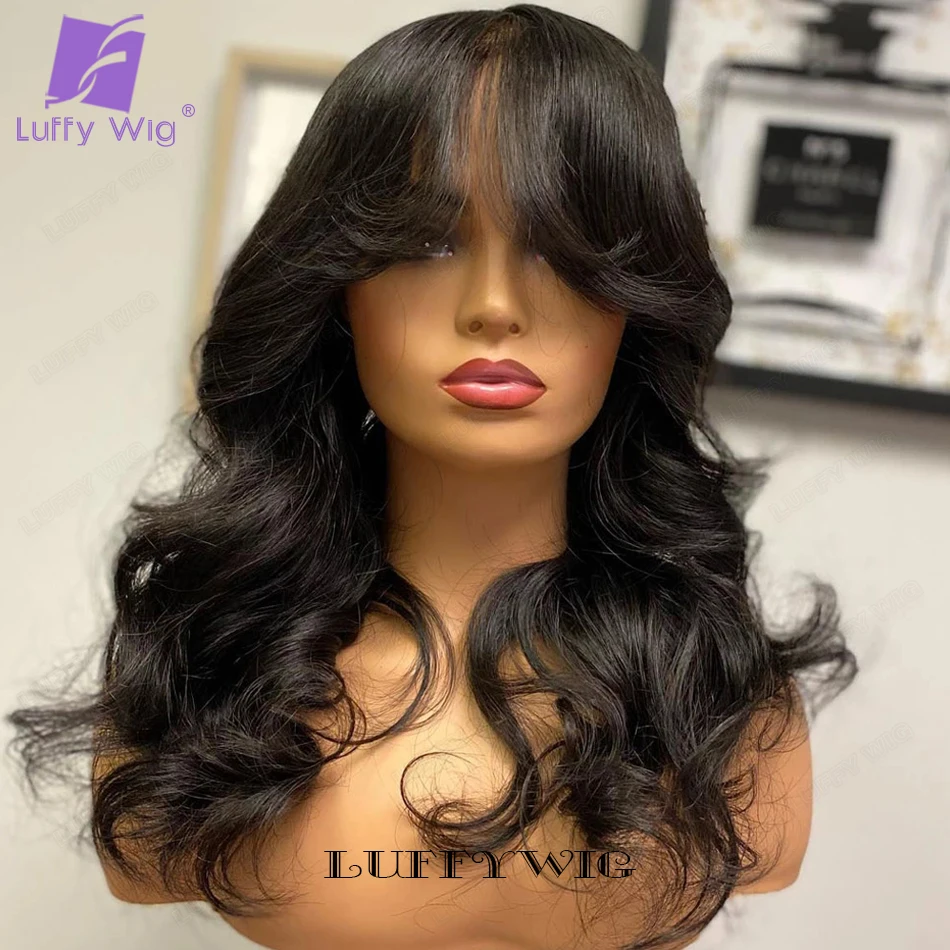 Body Wave Human Hair Wig With Bangs Brazilian Scalp Base Top Full Machine Made Wig With Bang Long Remy Human Hair For Women