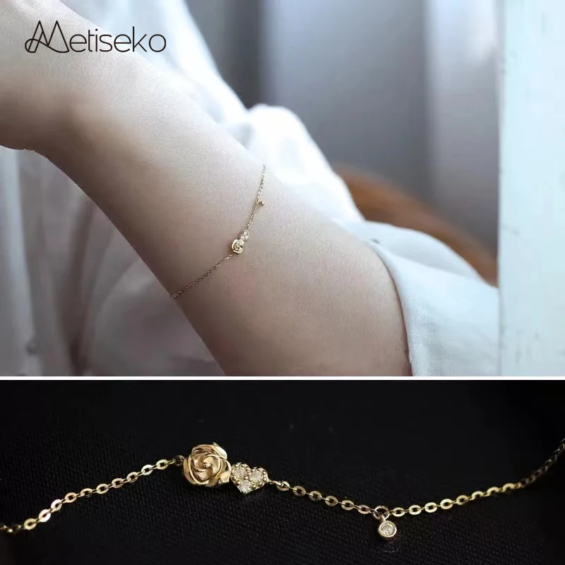 Metiseko 925 Sterling Silver Plated 14K Gold Delicate Rose Flower Heart Bracelet Romantic Sweet for Women Party Jewelry Gift