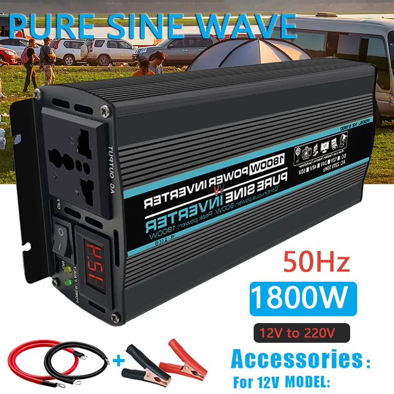 

1000/1800/2000/2600W Pure Sine Wave Power Inverter Voltage Transformer LED Display Car Home Outdoor DC12V to AC 220V Converter