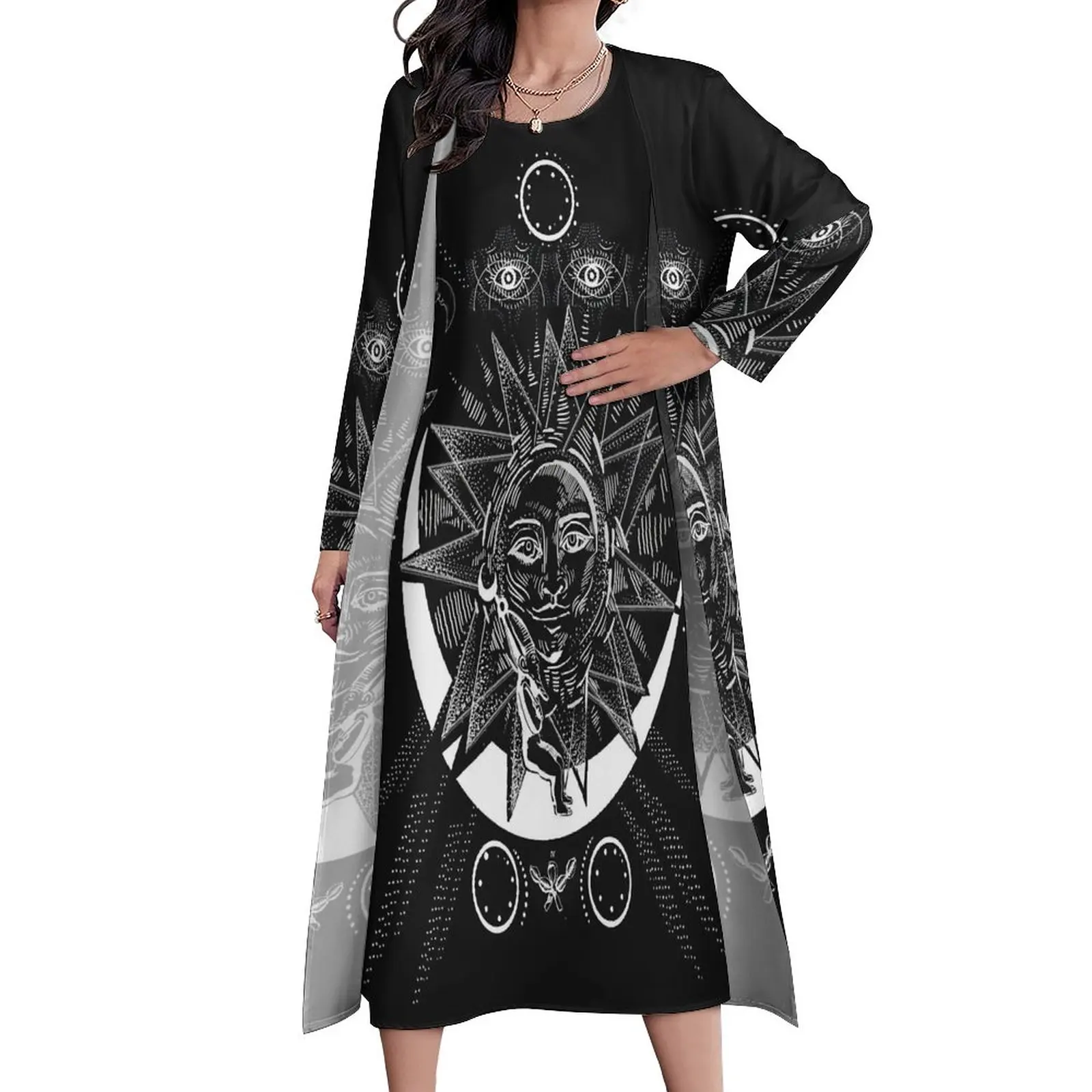

Винтажное платье макси с символом Мистик и принтом солнца, элегантное уличное Модное Длинное Платье в стиле бохо для пляжа, 2 предмета, индив...