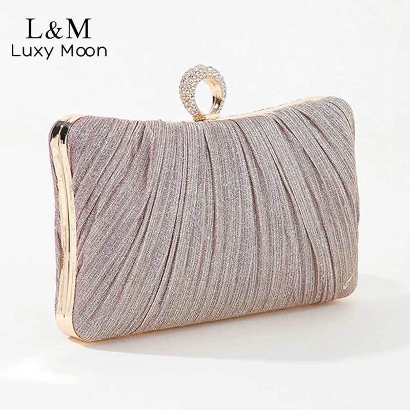 

Shining Pleated Evening Bag Women Crystal Rhinestone Day Cluth Party Dressed Glitter Hand Bags Diamond Ring Hasp Handbag XA701H