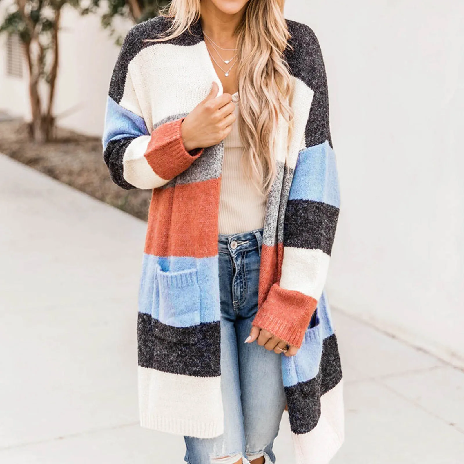 

Women's Striped Color Splice Cardigan Loose Sweater Mid-Length Knitted Coat With Winter Sweaters for Women Dark Green Cardigan