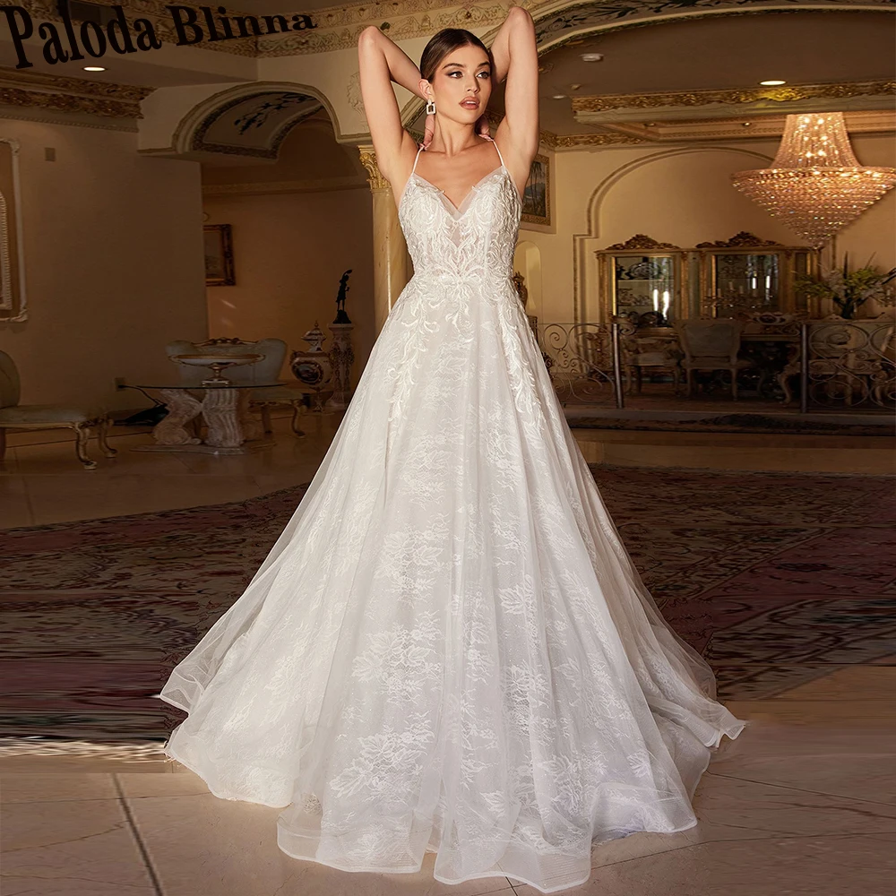

Paloda Charming Lace A-LINE Wedding Dresses For Women V-Neck Spaghetti Straps Court Train Tulle Sleeveless Vestidos De Novia
