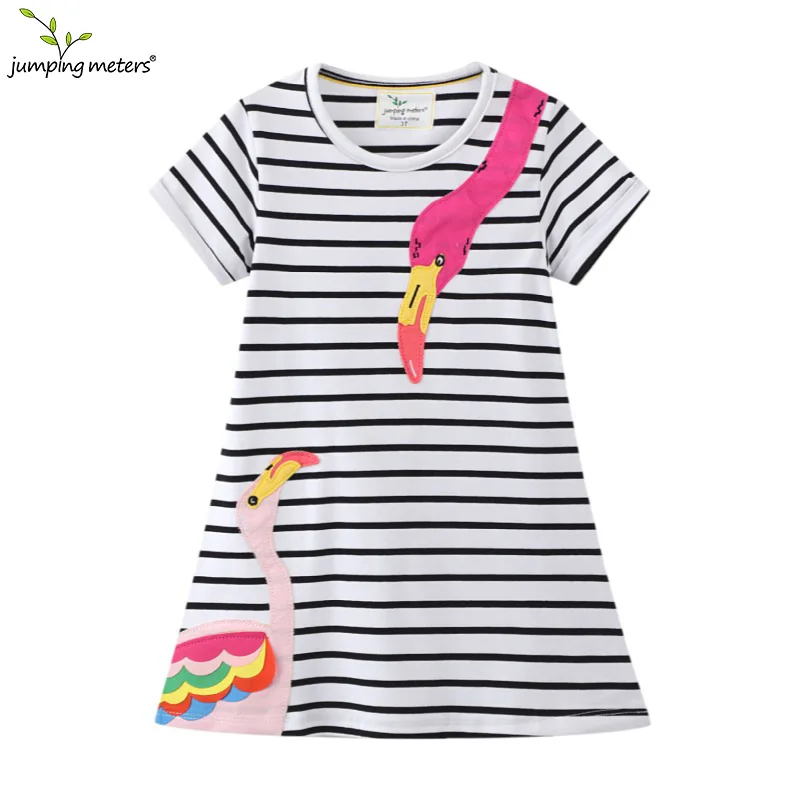 

Girls Flamingo Embroidery Beading Children's Dresses Cotton Stripe Summer Short Sleeve Toddler Birthday Dress
