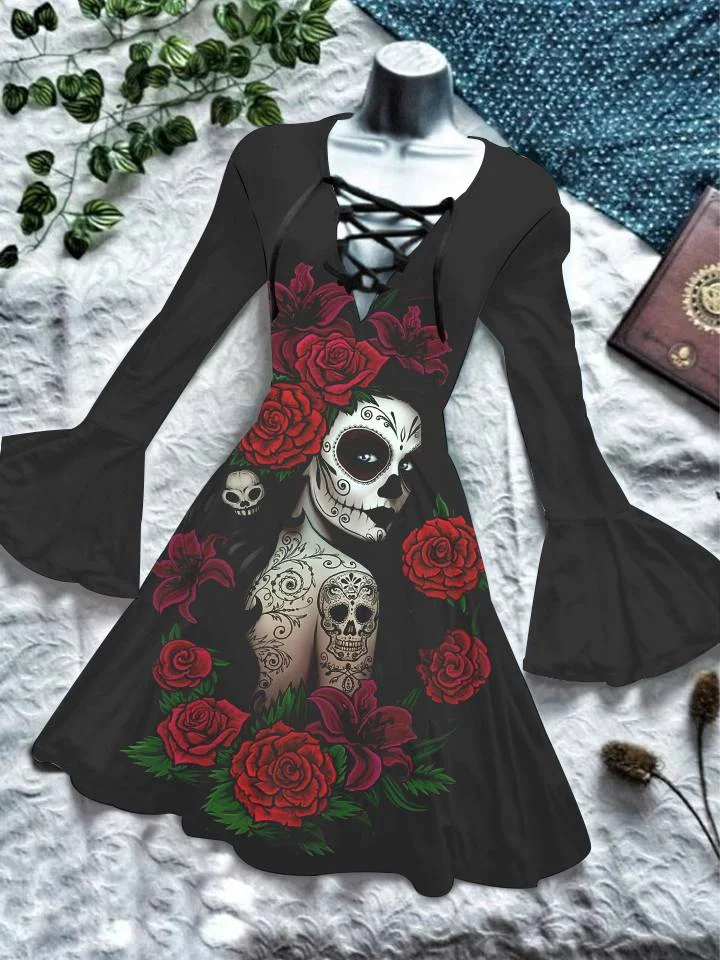 

Elegant Ladies Print Dress Summer Fashion New Halloween Horror Skull Party Party Sexy Girl Long Dark Night Wildcat Sundress 2023