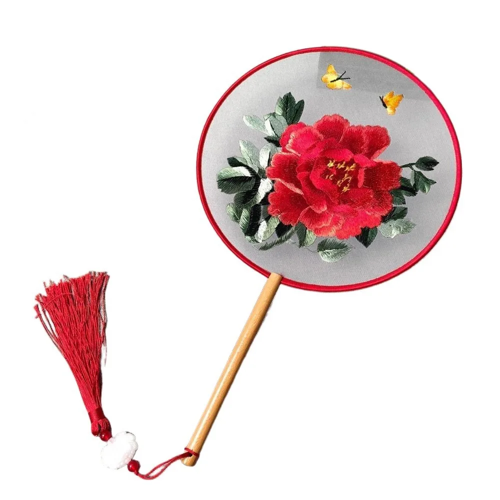 

Round Double Sided Embroidery Fan Chinese Style Wooden Handle Embroidery Round Fan with Pendant Handheld Flower Silk Fan