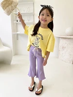 mila chou 2022 summer baby girl cute stringy selvedge cropped pants children cotton elasticity solid boot cut pants kid trousers