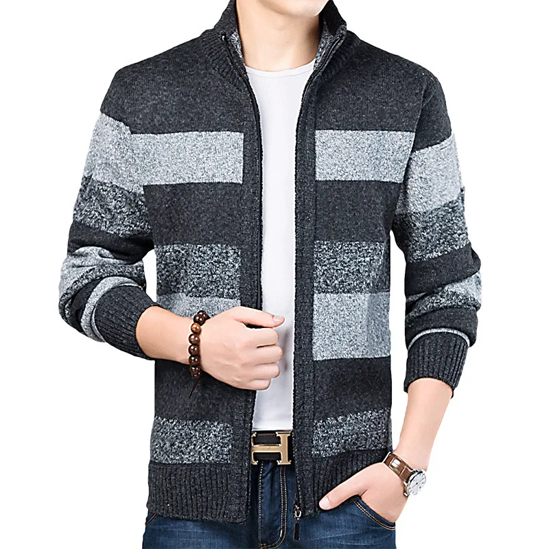 Middle-aged and Elderly Men's Color-blocking High-necked Plus Fleece Sweater Loose Coat Casual Long-sleeved Sweater Cardigan