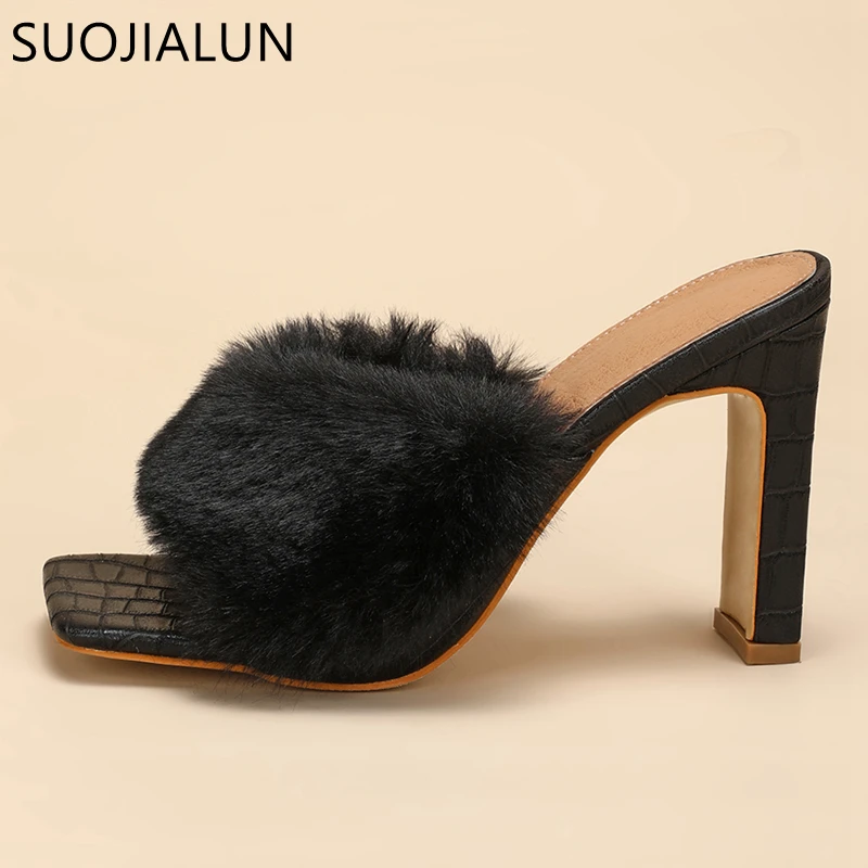 SUOJIALUN Autumn New Brand Design Wmen Slipper Fashion Real Fur Ladies Elegant Sandals Square High Heel Dress Pumps Shoes