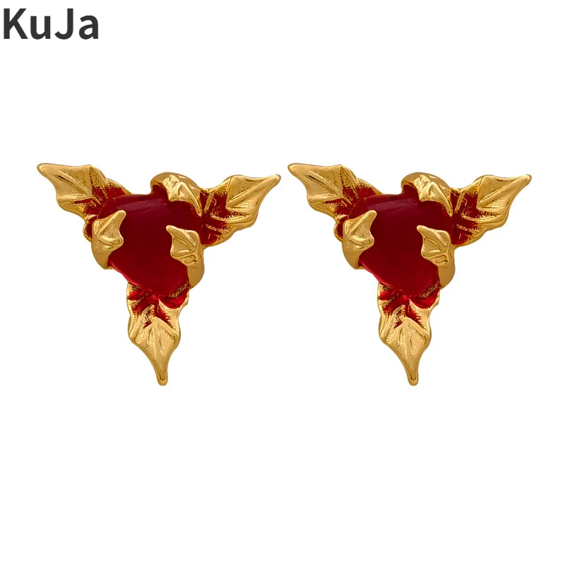 

Trendy Jewelry 925 Silver Needle High Quality Brass Leaf Red Resin Stud Earrings For Women Girl Party Wedding Gift Hot Sale