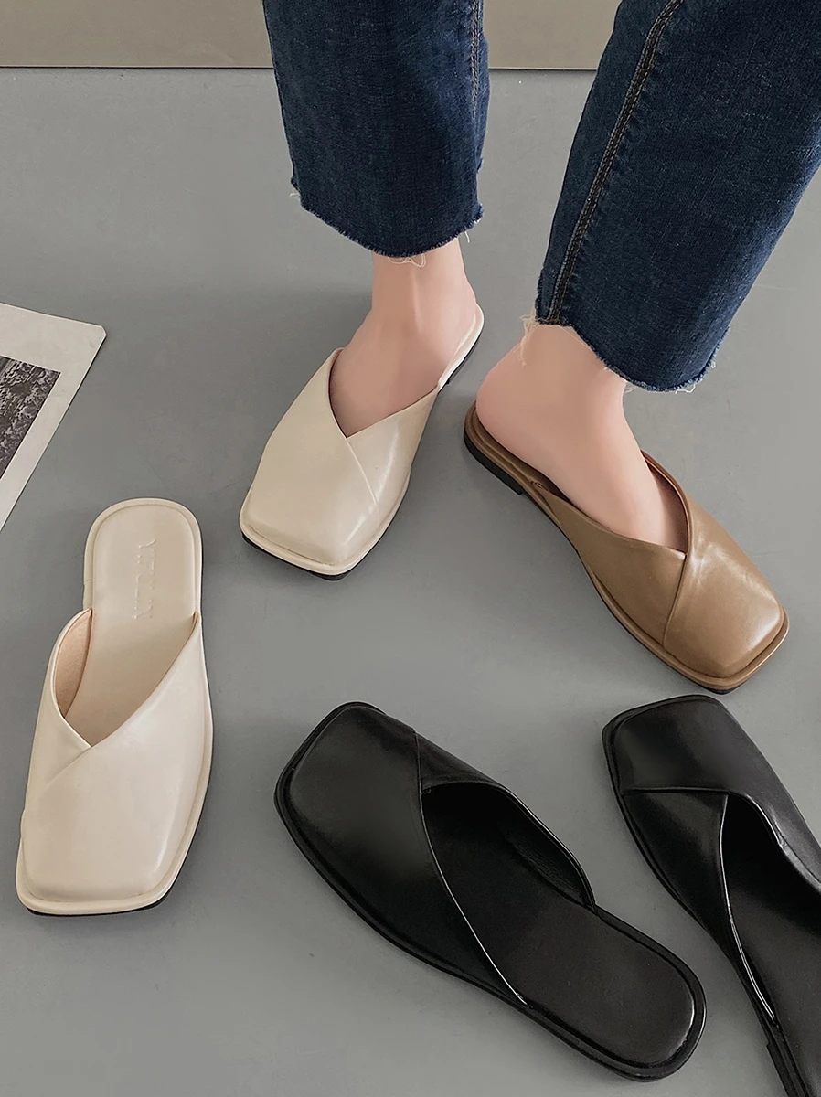 

Shoes Woman 2022 Slippers Flat Female Mule Square Toe Low Pantofle Mules Rubber Cover New PU Basic Rome Slides Shoes Woman's Sli