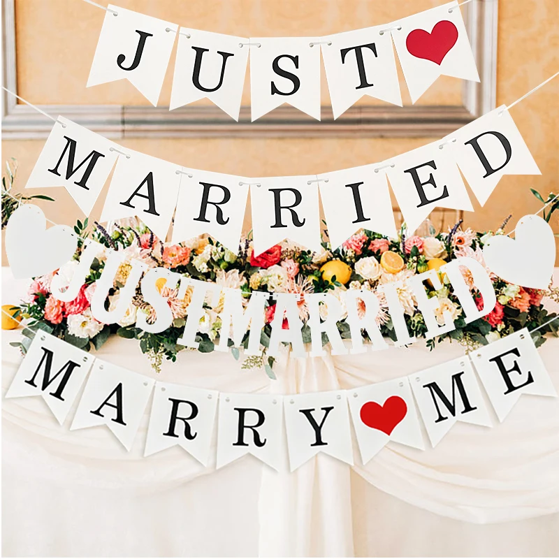 

White Just Married Vintage Paper Garland Marry Me Letter Banner Wedding Photo Props Bunting For Bridal Shower Party Chair Decor