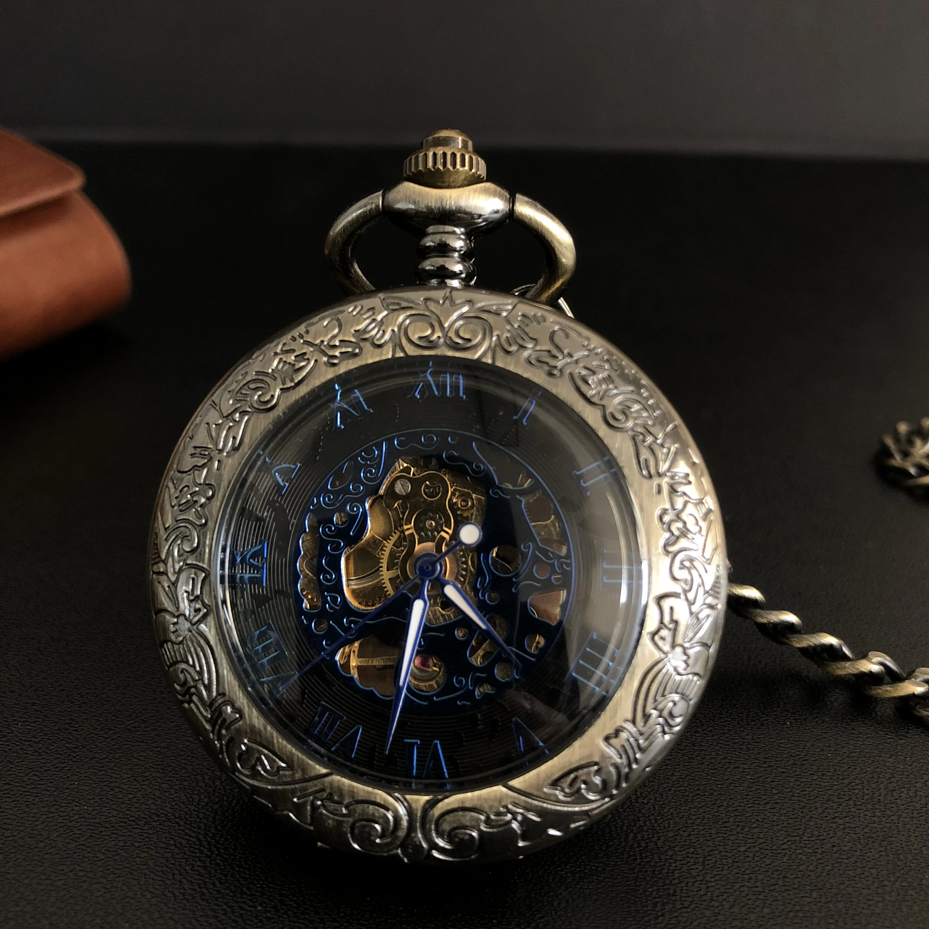 

New Arrival Exquisite Blue Roman Numerals Wind Mechanical Hand Pocket Watch Necklace Pendant Gifts For Women Or Man