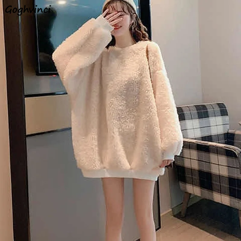 

Sweatshirts Women Winter Fashion Loose Female Thick Laziness Chic Korean Style Solid Elegant Casual O-Neck Warm BF Simple Daily