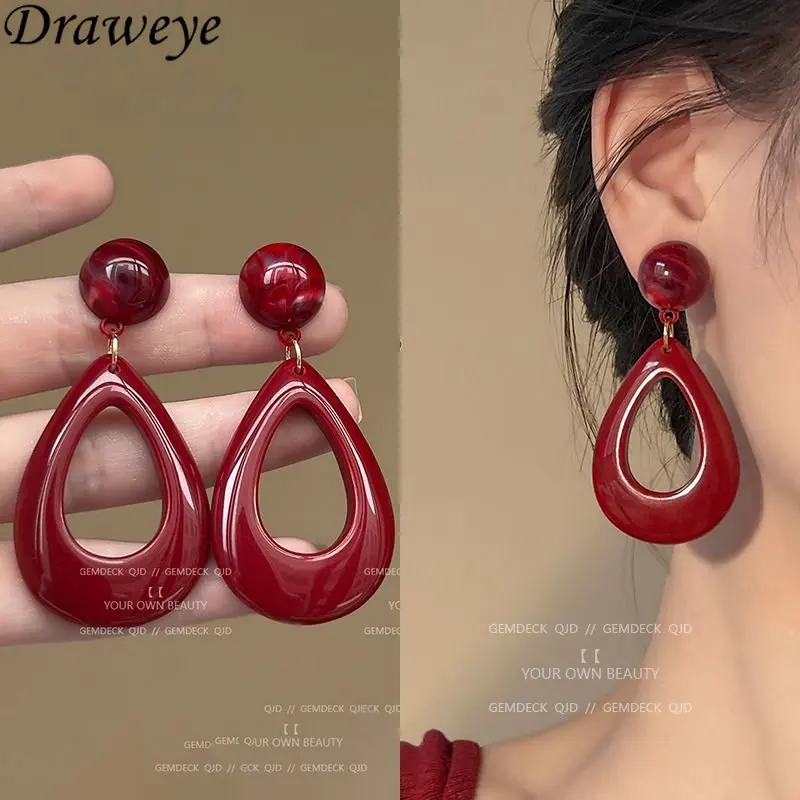 

Draweye Burgundy Water Drop Earrings for Women Autumn Winter Arcylic Vintage Jewelry Luxury Quality Ins Fashion Dangle Earrings