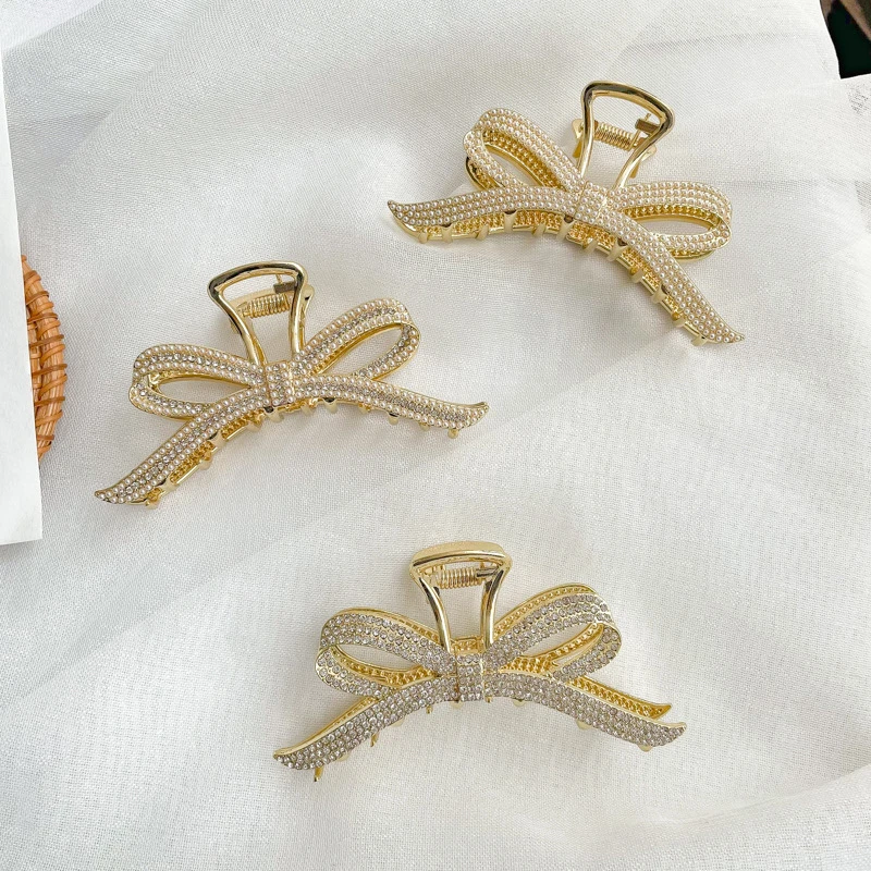 

Retro Diamond-Encrusted Pearl Love Bow Hairpin Korean Hair Catch All-Match Hair Accessories Headdress