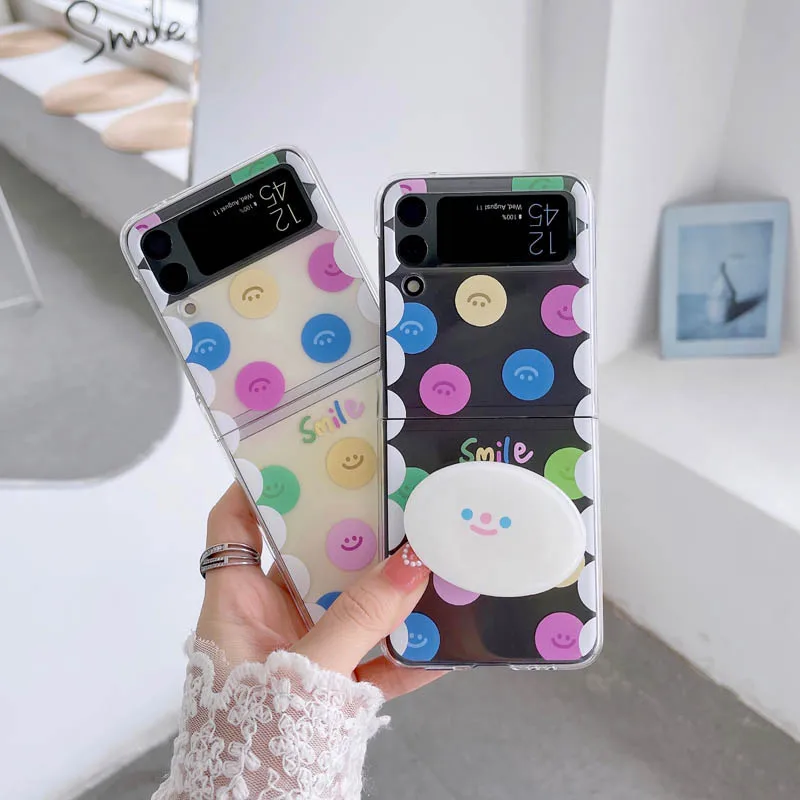 

Z Flip 3 Funda Case for Samsung Galaxy Z Flip 3 5G Polka Dot Smile Bracket Hard PC Protetcion Mobile Phone Case Cover ZFlip3