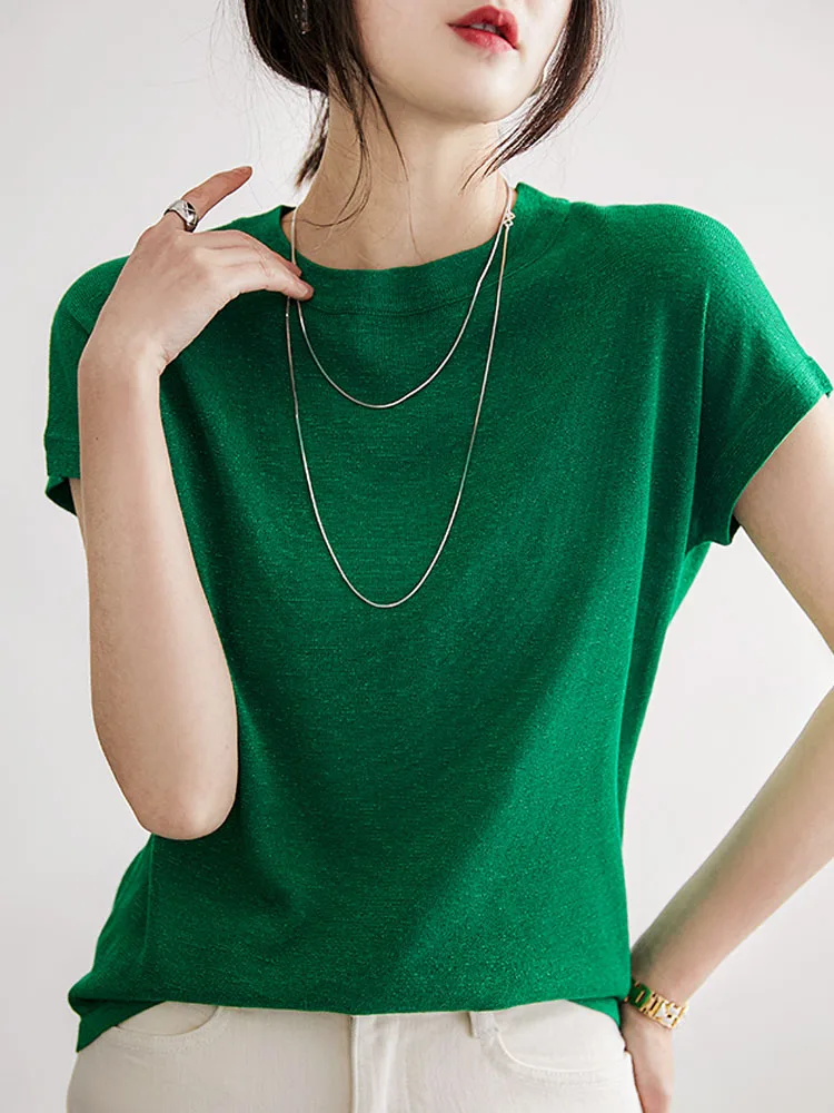 Женский трикотажный пуловер с коротким рукавом круглым вырезом