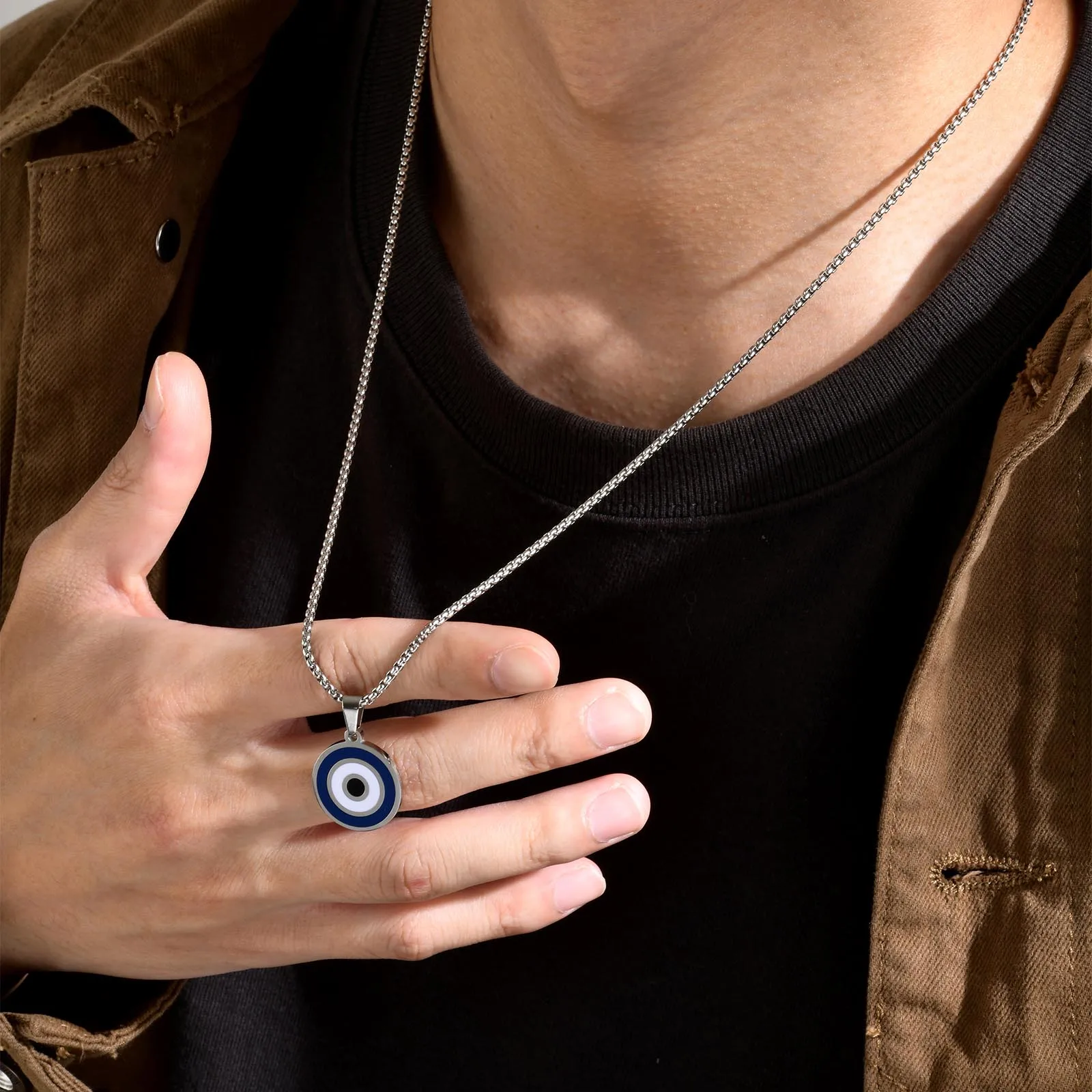 

Casual Evil Blue Eye Necklaces for Men,Stainless Steel Round Pendant with Box Chain, Ethnic Turkish Collar Gifts Jewelry