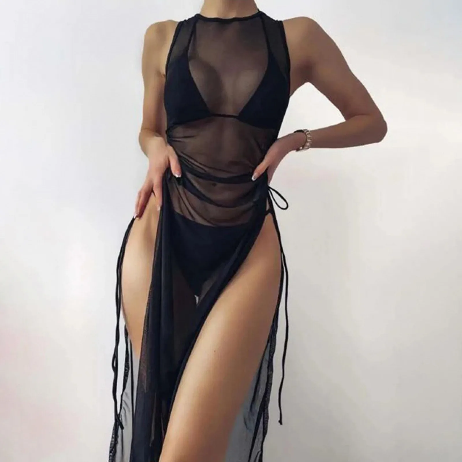 

Black 3 Pieces Set High Neck Swimwear Female Swimsuit Cover-ups For Women Skirts Bikini Halter Triangle Bathing Suit 2022 Summer
