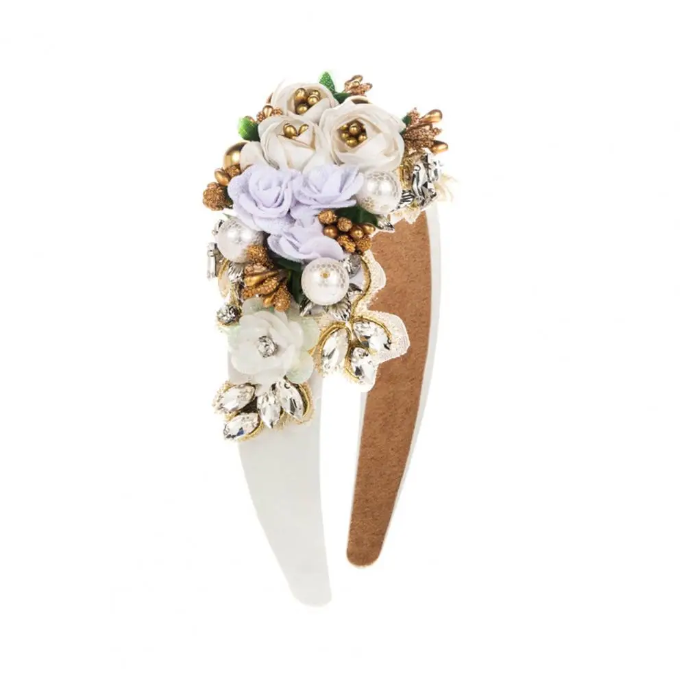 

Glass Headband Wide Vintage Luxury Women's Hair Hoop with Fake Flower Faux Pearl Shiny Decor Colorful Anti-slip Hair Decoration