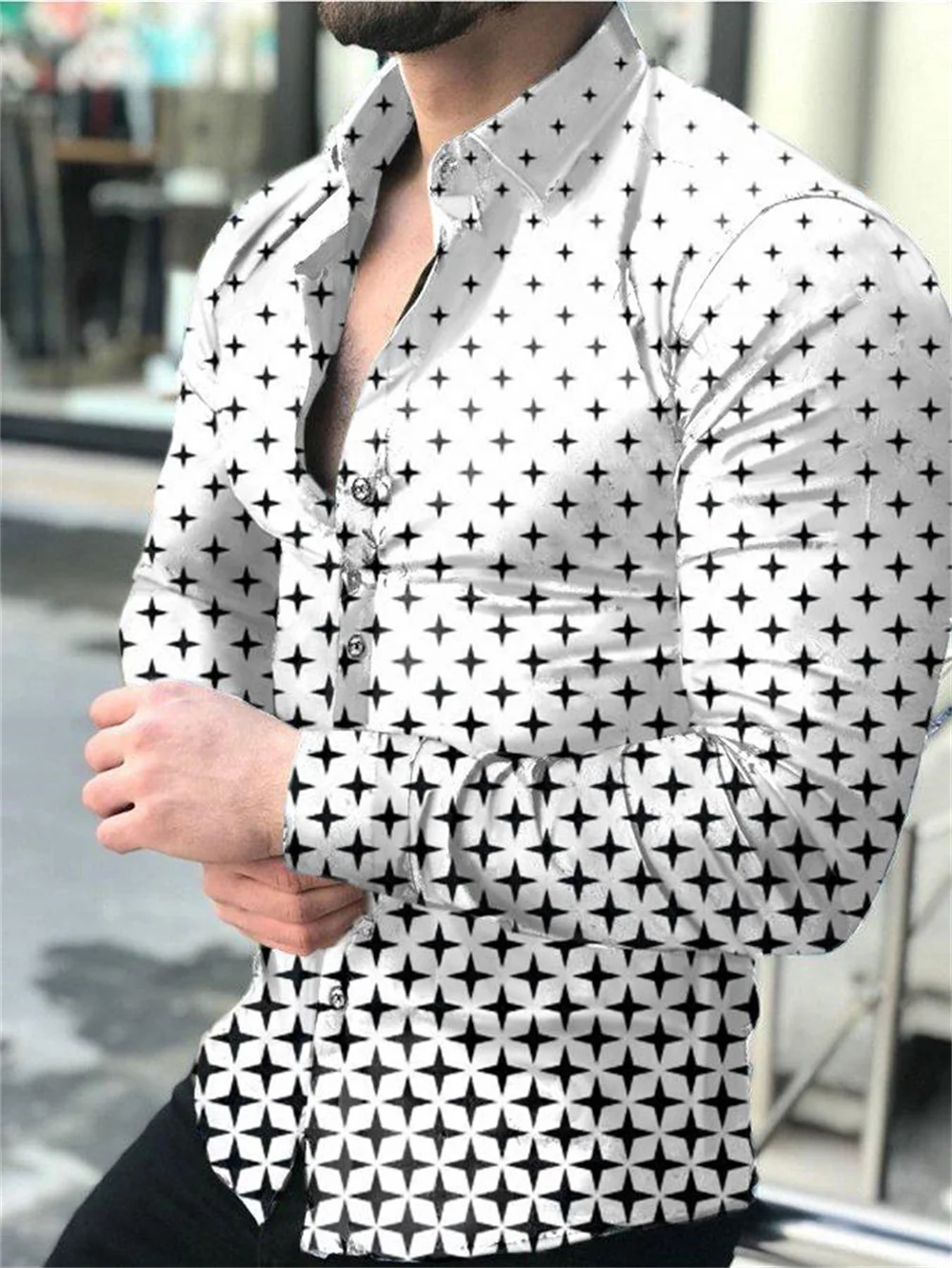2023 Luxury men's social shirt lapel single-breasted 3D plaid print long-sleeved designer clothing casual street white shirt
