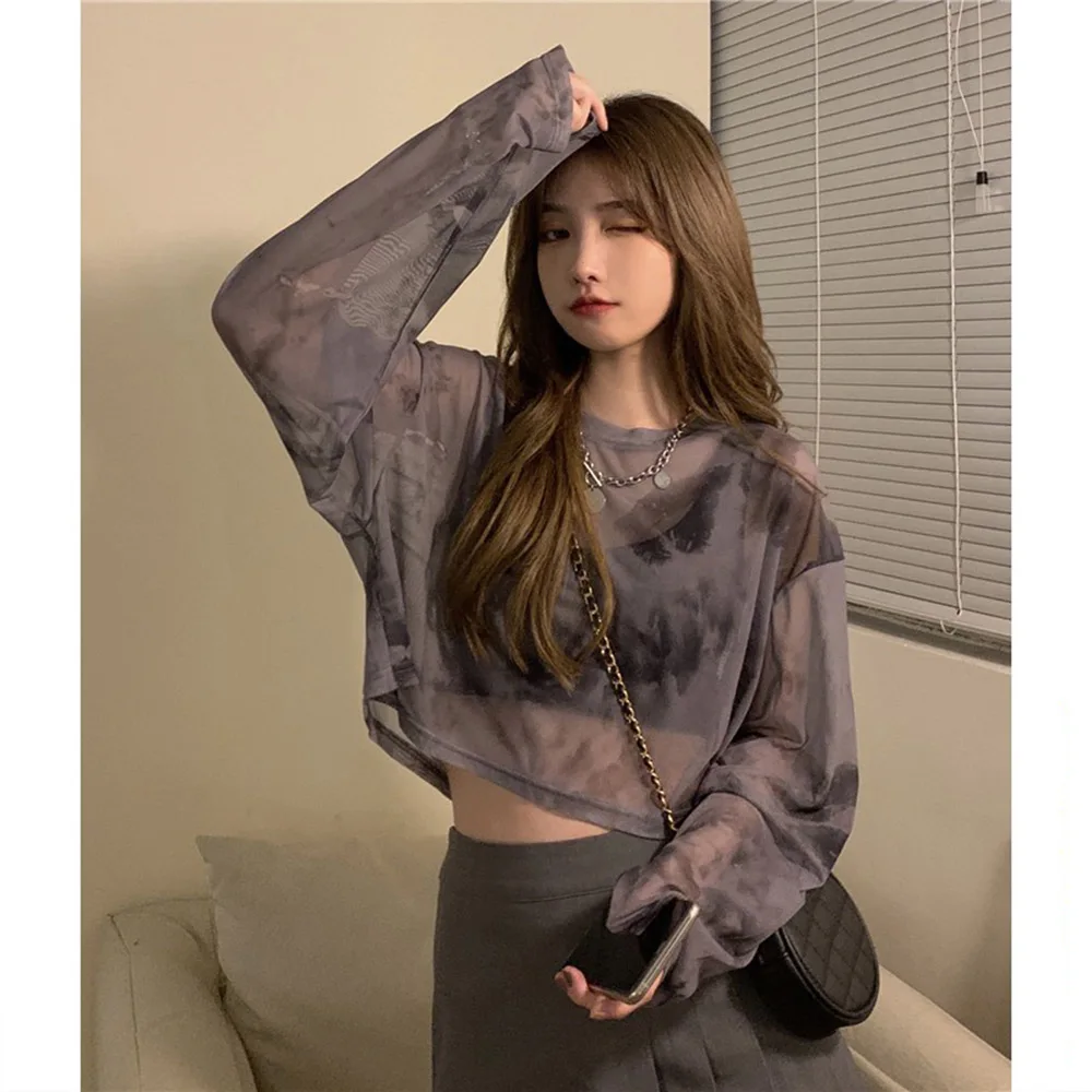 

Summer Women Long Sleeve T-Shirts Breathable Thin Sun Protection Clothing Fashion Tie Dye Sun-proof Sheer Tee Female Crop Tops