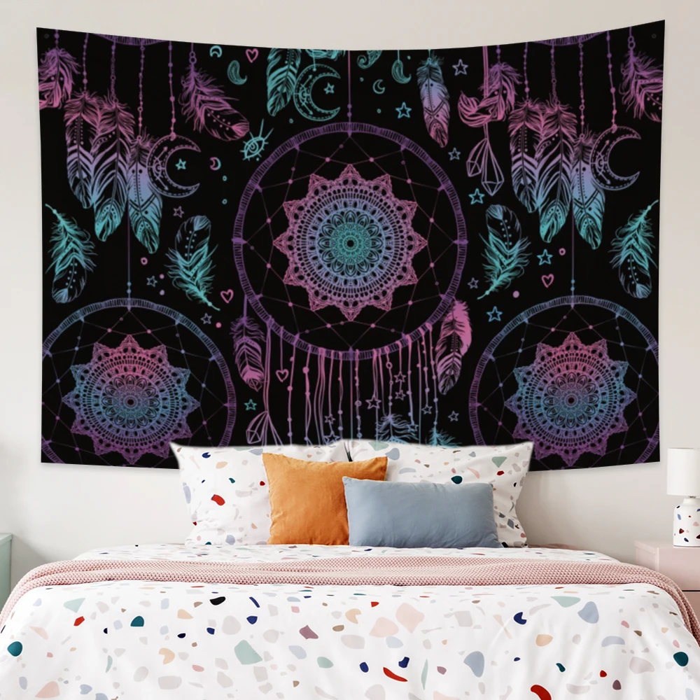 

Psychedelic Dreamcatcher Tapestry Moon Feather Mandala Bohemian Hippie Wall Hanging Blanket Living Room Home Decor Tapestries