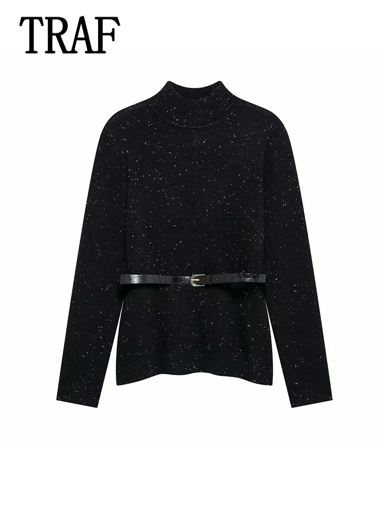 TRAF женский вязаный свитер с воротником-стойкой новый осенний декоративный пояс