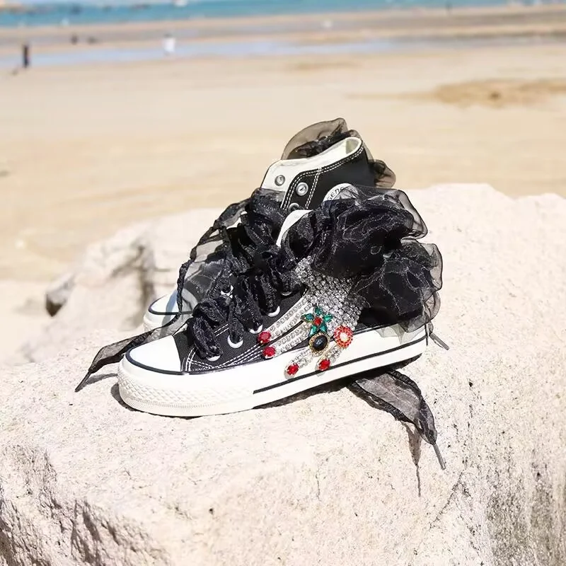 

Handmade custom high top canvas shoes casual silver diamond ribbon casual hundred thick soles large size women 35-46