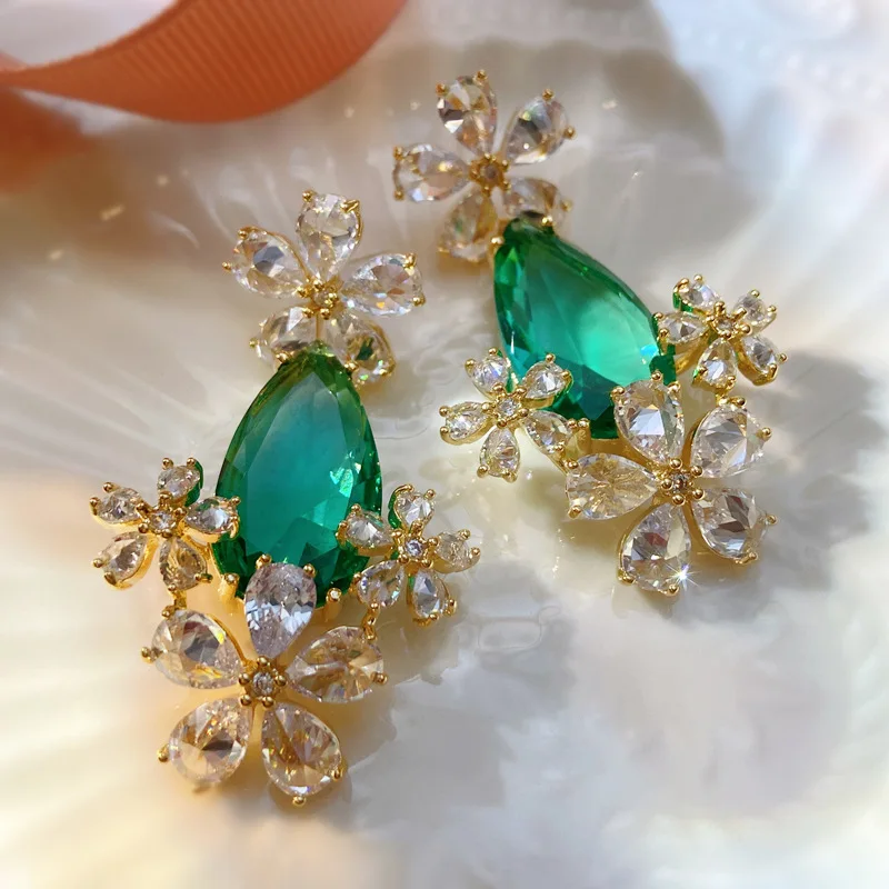 

European and American retro light luxury blue and green water drop gem flower earrings temperament zircon long earrings women