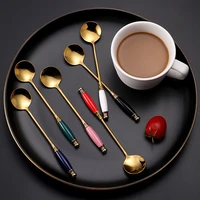 luxurious ceramic handle coffee spoon 304 stainless steel tea spoon long handled stirring spoon high grade round spoon golden