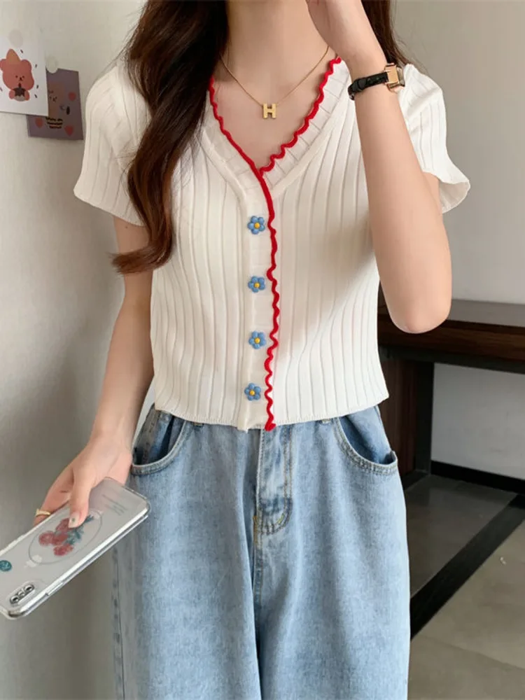 

Women Knitted Crop Tops Summer Sweet Stylish Short Sleeve Contrast Flower-button V-neck Thin Sweater Comfort Elegant Cardigan