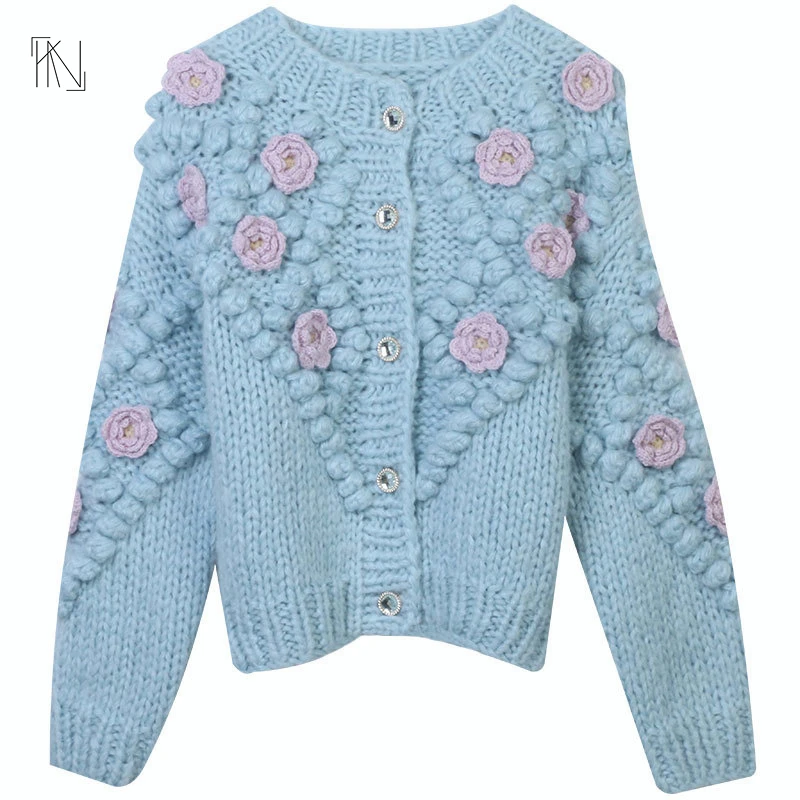 Cotton Heavy Hand Crochet Flower Three-dimensional Decorative Knitted Cardigan 2022 Autumn New Women Round Neck Loose Sweater