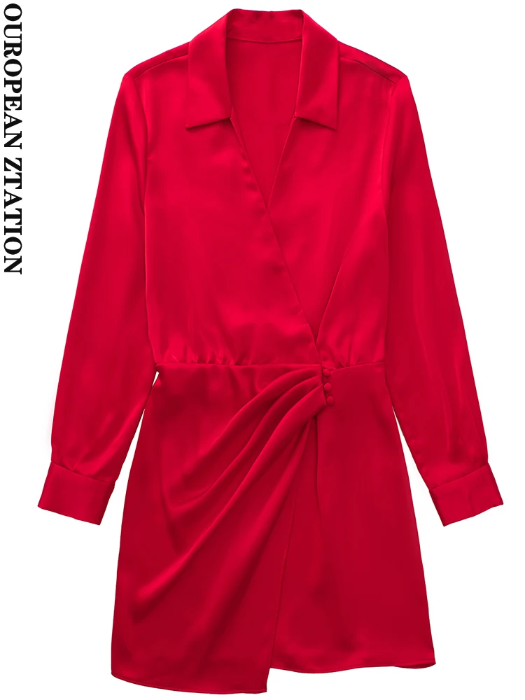 

PAILETE Women 2022 fashion front buttons gathered satin wrap mini dress vintage v neck long sleeve female dresses vestidos mujer
